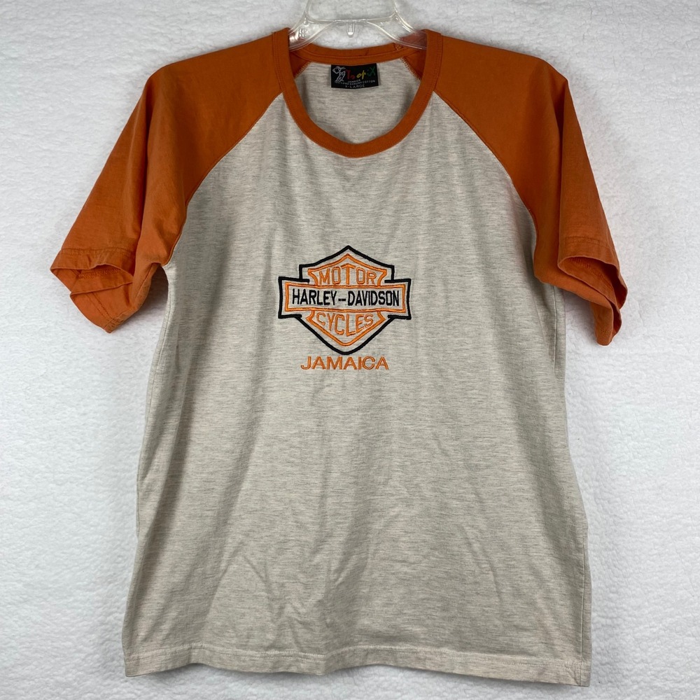 Harley-Davidson Jamaica Embroidered Raglan Shirt Mens XL Orange Grey‎ Tropix